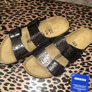 Birkenstock Black Metallic Two-Strap Sandals